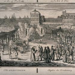 Engraving depicting an auto de fé of the Spanish Inquisition.